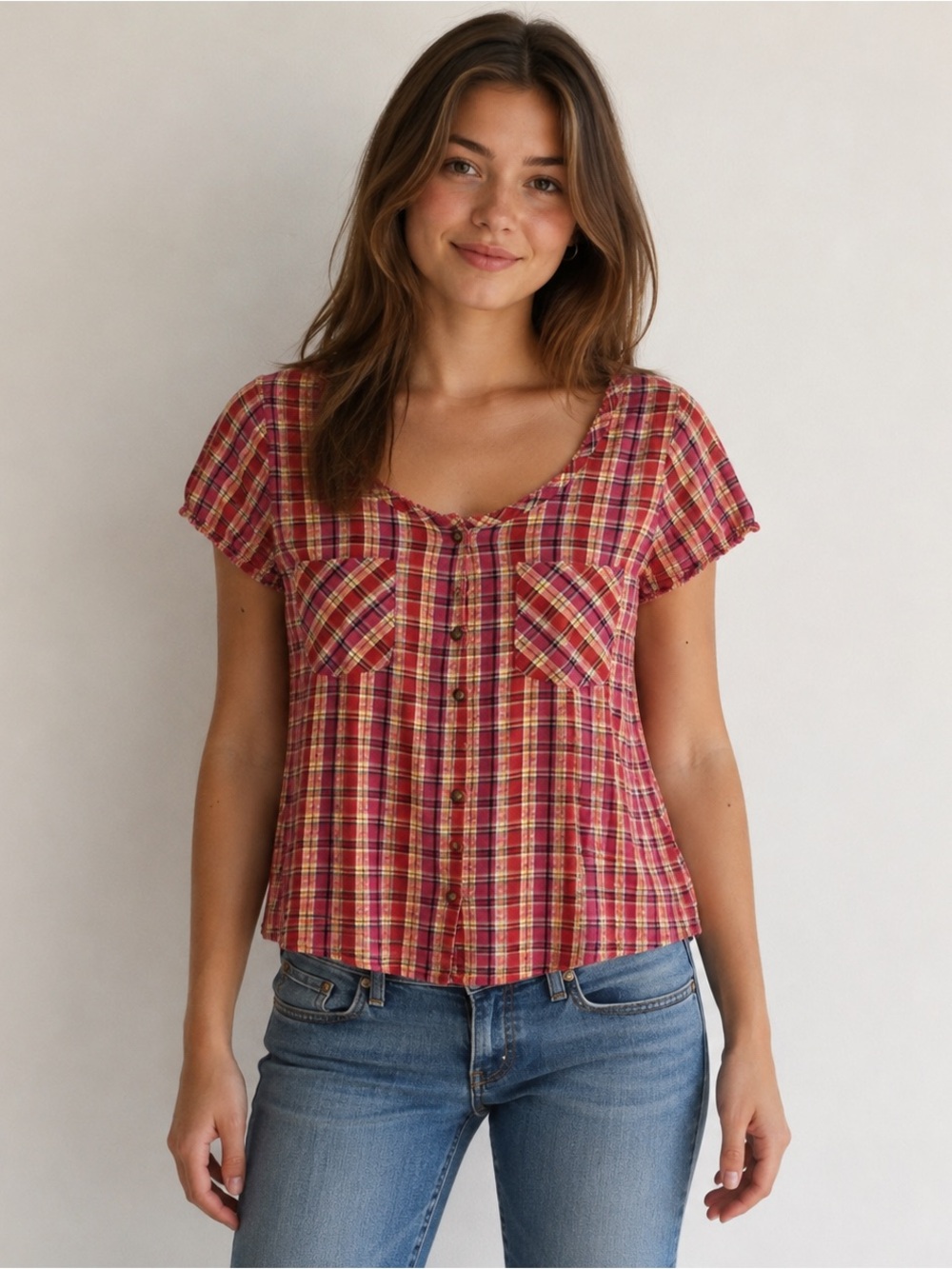 Y2K White Stag Pink Plaid Babydoll Button Front Blouse Estimated Size Medium